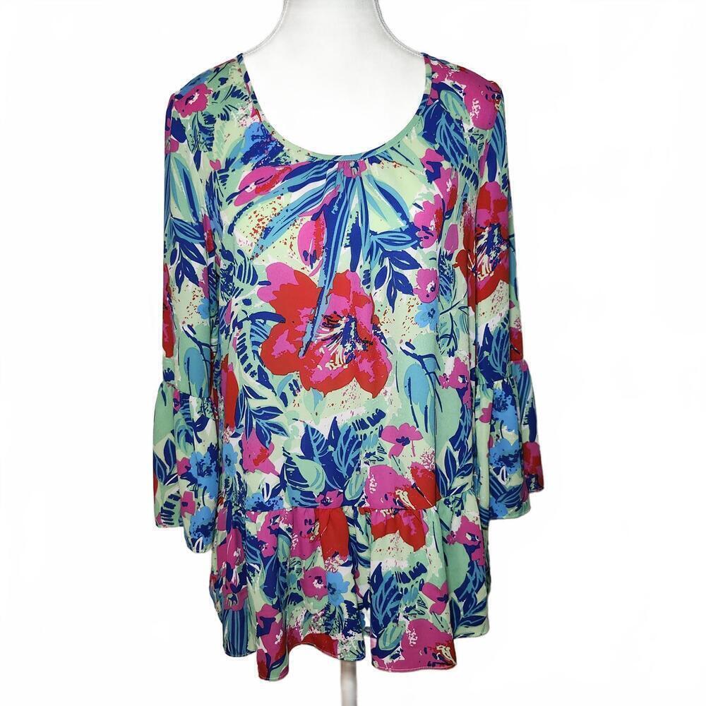 Pappagallo Womens Size S Floral Print Blouse Green Pink Blue